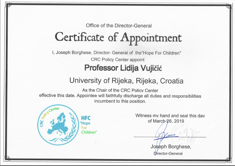 Prof. dr. sc. Lidija Vujičić predsjednica CRC Policy Center-a “Hope For Children”